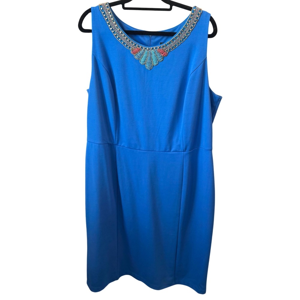 Ashley Stewart Sheath Dress Womens Blue Beaded Neckline Cocktail Plus Size 22